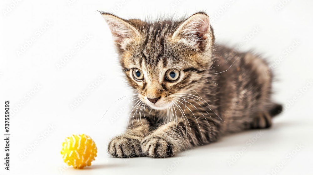 Fototapeta premium Cute tabby kitten playing toy on white background isolate