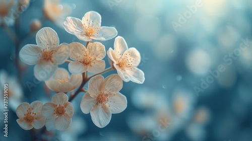 a close up of a bunch of flowers on a branch with blurry lights in the background and a blue sky in the background.