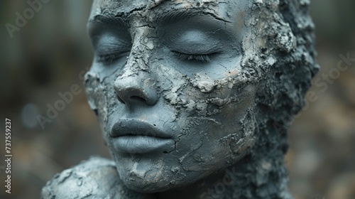 a close up of a woman's face with mud on her face and a tree in the back ground.