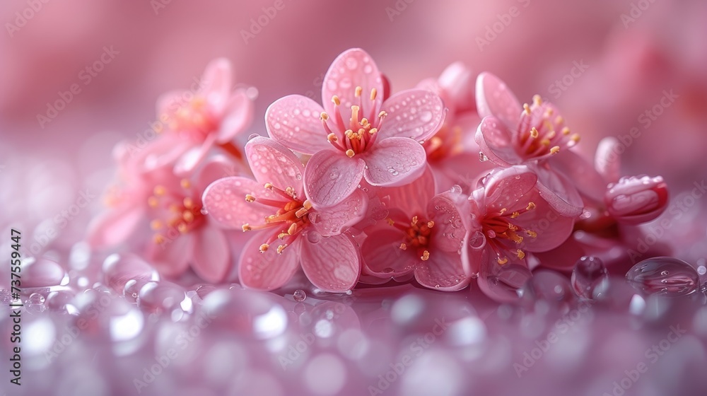 a bunch of pink flowers sitting on top of a pink surface with drops of water on the bottom of the petals.