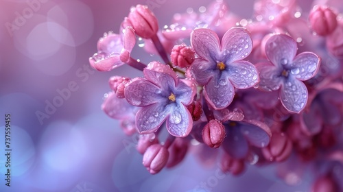 a close up of a pink flower with drops of water on it and a blue boke of light in the background.