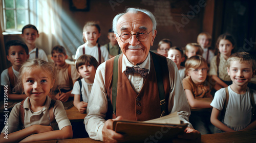 old teacher giving a class to children from a low-income village