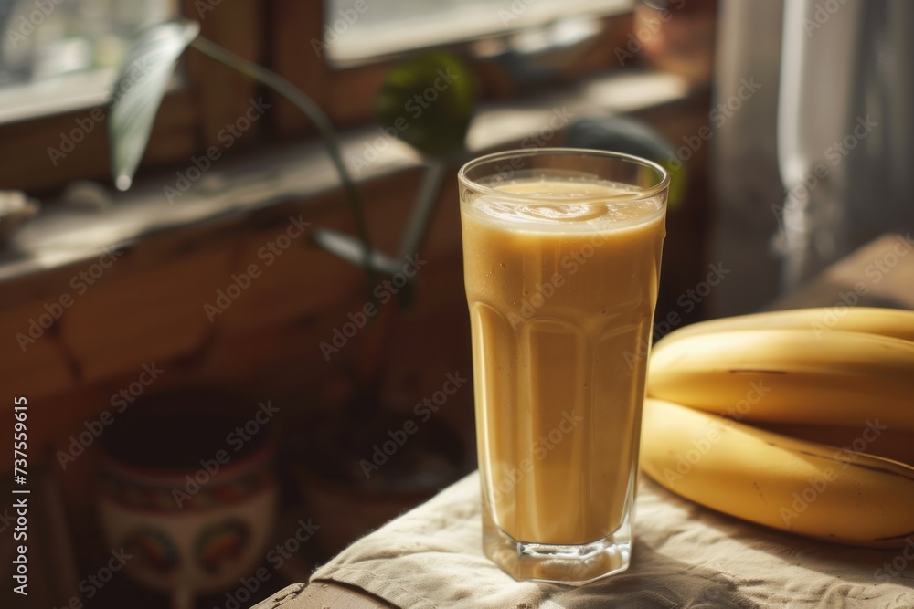 Glass Filled With Liquid Next to a Bunch of Bananas Glass Filled With Liquid Next to a Bunch of Bananas