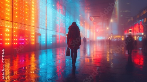 a woman in a red coat is walking down a city street at night with brightly colored lights on the buildings.