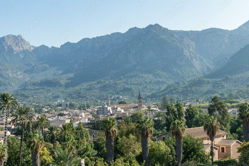 high angle view of Soller town in a valley between mountains