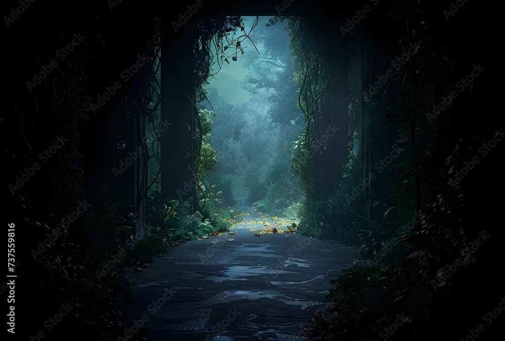 a dark hallway with trees in the background, in the style of dreamlike naturaleza, disturbingly whimsical 