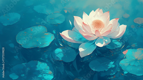 Lotus flower with bright white and pink petals floating on a serene blue pond with lily pads and specks of light
