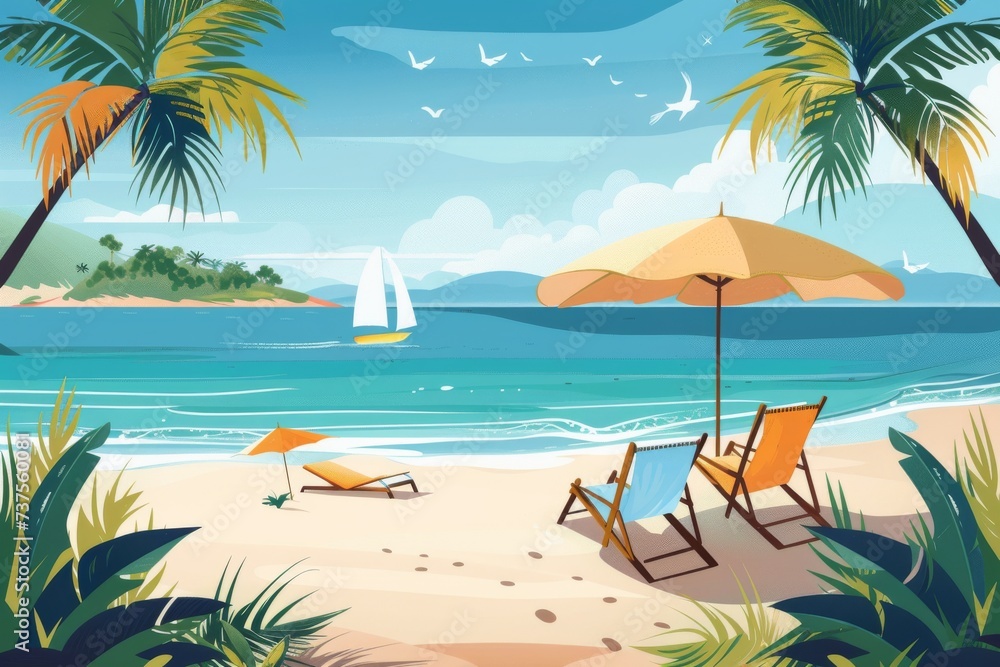 A tropical paradise awaits as the sun-kissed beach beckons with its palm trees, inviting sunloungers and vibrant umbrellas, painting a picture of relaxation and vacation in the caribbean