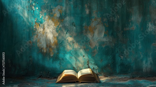 an open book sitting on the ground in front of a grungy wall with a light coming from it. photo