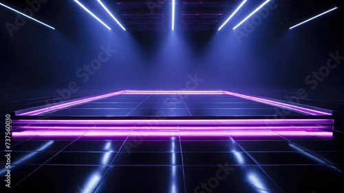 Electrifying stage  mesmerizing scenes LED panels  holographic displays  laser lights  ample copy space  dynamic banners  creating visual symphony for immersive events and cutting-edge presentations.