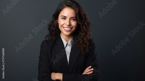 Image of happy young business woman posing isolated over grey wall background