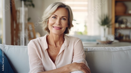 Lovely middle-aged blond woman with a beaming smile sitting on a sofa at home looking at the camera photo