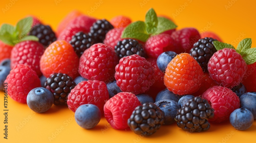 raspberries, blueberries, raspberries, raspberries and raspberries on an orange background. raspberries, blueberries, raspberries, raspberries and raspberries on an orange background.