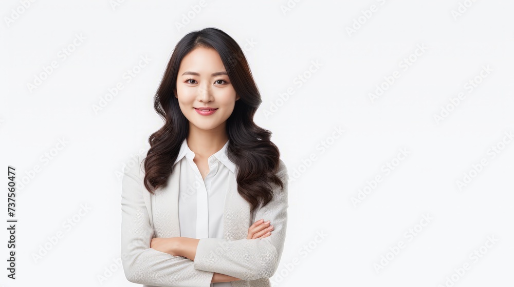 Portrait of a smiling asian businesswoman standing with arms folded and looking at camera isolated over white background Portrait of a smiling asian businesswoman standing with arms folded and looking at camera isolated over white background