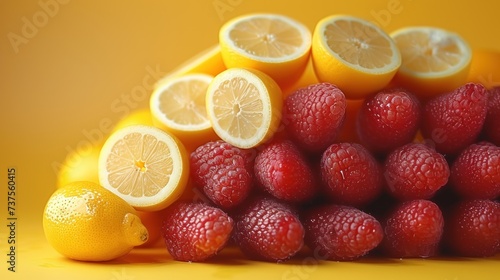 a pile of lemons  raspberries  and lemons sitting on top of a pile of raspberries.