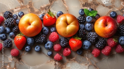 a group of fruit sitting on top of a marble counter next to a pile of blueberries  peaches  and raspberries.