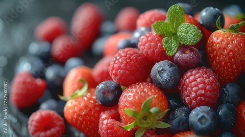 a pile of berries and raspberries with a green leaf on top of one of the berries is blueberries, raspberries, and raspberries.