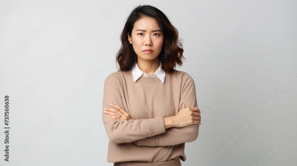 Portrait of an upset unsatisfied asian woman standing with arms folded and looking away isolated over white background Portrait of an upset unsatisfied asian woman standing with arms folded and looking away isolated over white background