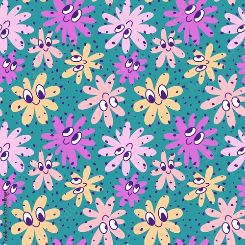 Cartoon summer retro seamless flower pattern for wrapping paper and fabrics and spring packaging and kids print