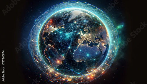 A high-resolution horizontal image depicting a photorealistic view of planet Earth from space, intricately shrouded in a bright, glowing web of digital connections. The Earth and continents are visibl
