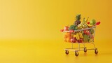 Shopping cart full of food on yellow background. Grocery and food store concept. illustration