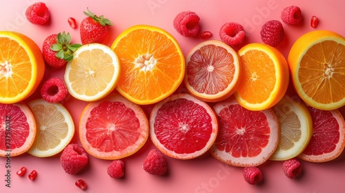 a group of oranges  raspberries  and lemons arranged in a row on a pink background.