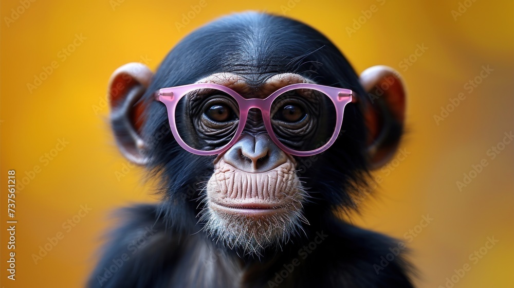 a close up of a monkey wearing a pair of pink glasses with the caption, the monkey is wearing a pair of pink glasses. a close up of a monkey wearing a pair of pink glasses with the caption, the monkey is wearing a pair of pink glasses.