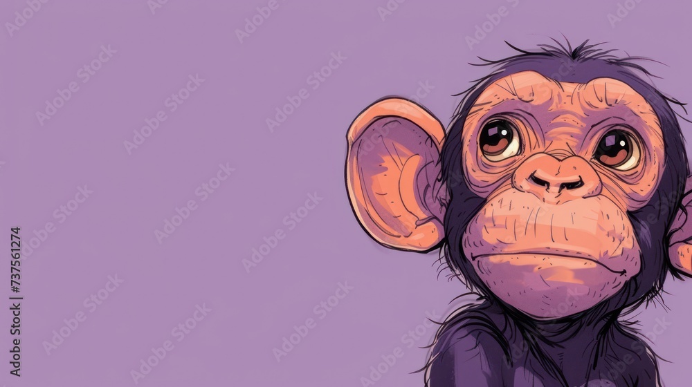 a drawing of a monkey with a sad look on it's face, sitting in front of a purple background.