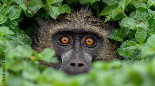 a close up of a monkey in a bush with leaves on it's head and eyes looking at the camera. photo