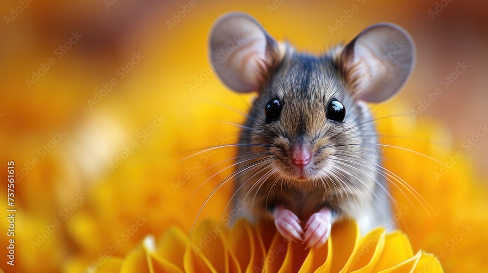a mouse sitting on top of a yellow flower with it's front paws on the top of the flower. a mouse sitting on top of a yellow flower with it's front paws on the top of the flower.
