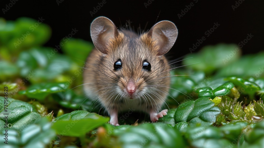 a close up of a small rodent in a field of green leafy plants with one eye on the camera. a close up of a small rodent in a field of green leafy plants with one eye on the camera.