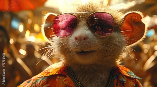 a close up of a rat wearing sunglasses on top of it's head and a crowd of people in the background.