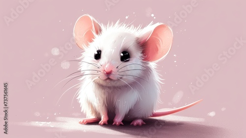 a white rat sitting on top of a pink floor next to a pink wall with snow flakes on it. © Shanti