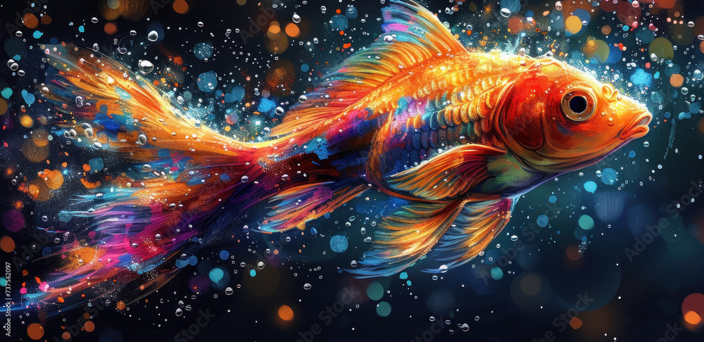 a painting of a goldfish with bubbles of water on it's sides and a black background behind it. a painting of a goldfish with bubbles of water on it's sides and a black background behind it.