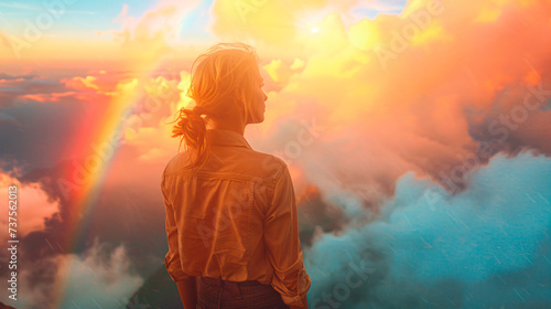 back view of a woman in the sky with clouds and a rainbow, in sunset 