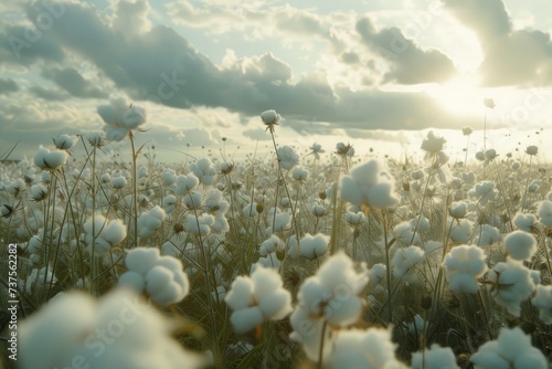 Field of Cotton Flowers Under Cloudy Sky