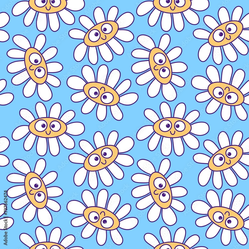 Naklejka premium Cartoon summer retro seamless flower pattern for wrapping paper and fabrics and spring packaging and kids print