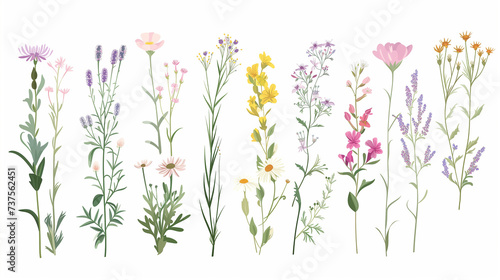 Wild flowers vector collection. Herbs, herbaceous flowering plants, blooming flowers, subshrubs isolated on white background. Detailed botanical vector illustration for design decoration