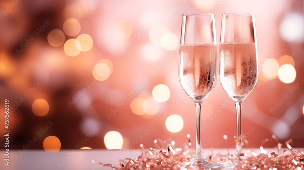 Pink rose champagne glasses close up, beautiful bokeh Pink rose champagne glasses close up, beautiful bokeh