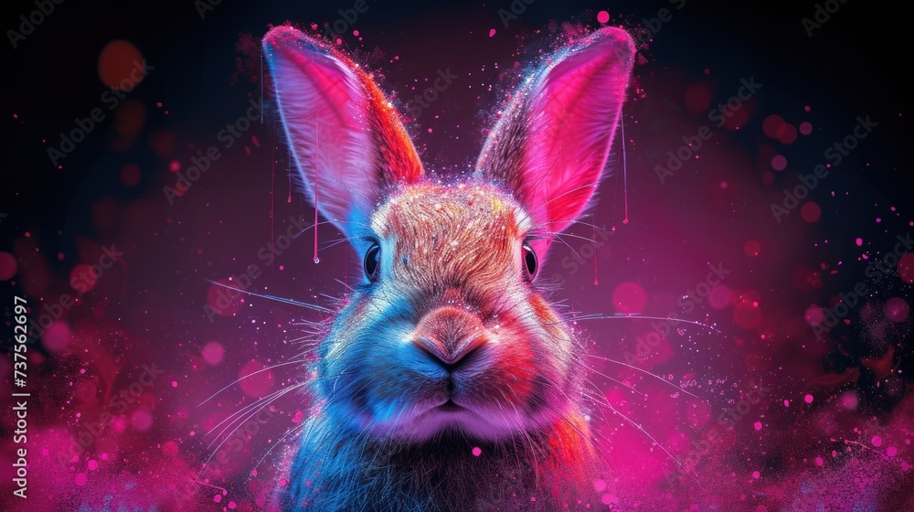 a close up of a rabbit's face with pink and blue paint splattered on it's face. a close up of a rabbit's face with pink and blue paint splattered on it's face.