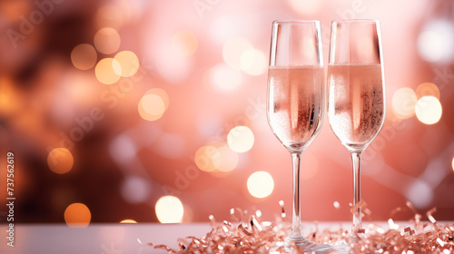 Pink rose champagne glasses close up  beautiful bokeh
