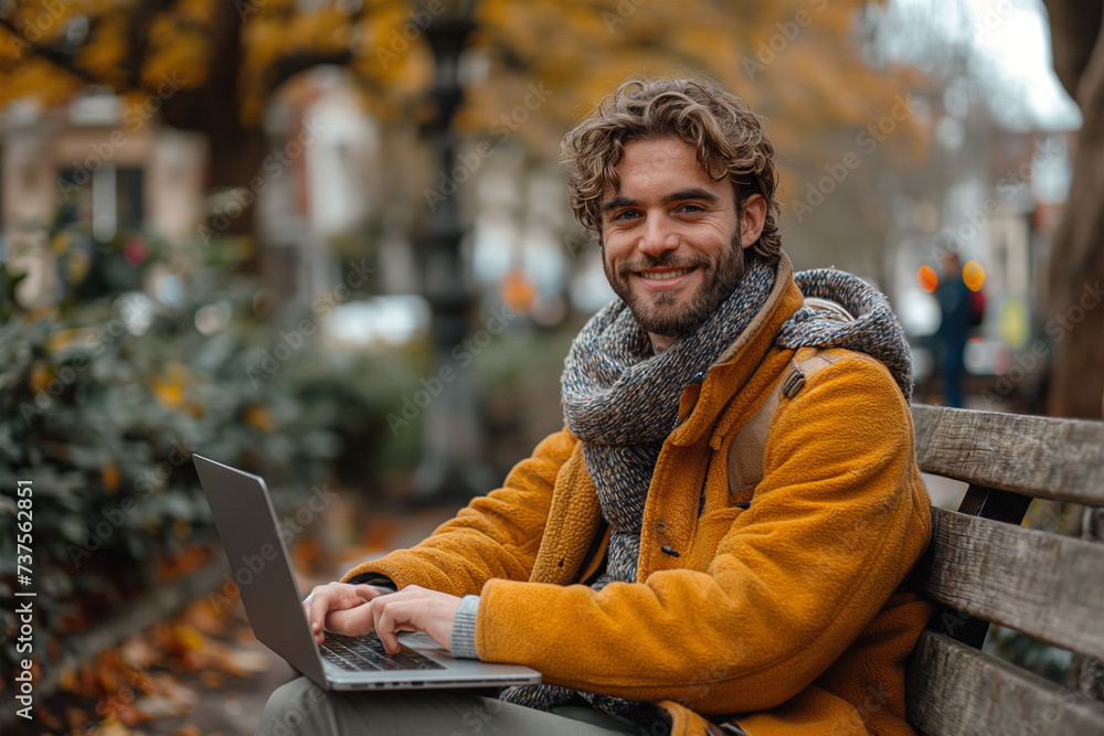 smiling freelancer in glasses using laptop in park smiling freelancer in glasses using laptop in park