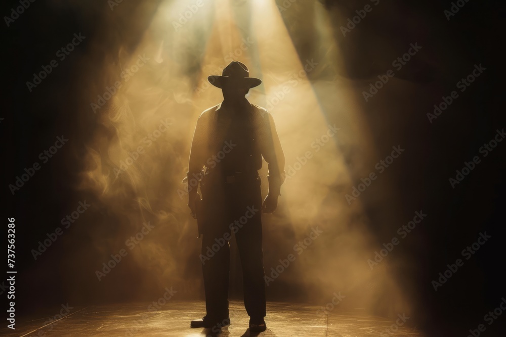 Man in Cowboy Hat Standing in Dark Room