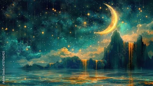 a painting of a night sky with stars and a moon over a body of water with a mountain in the background.