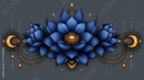 a drawing of a blue flower on a gray background with a gold swirl around the center of the flower and a crescent around the center of the flower. #737563464