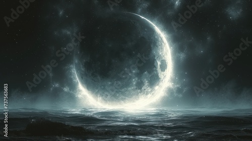 a large moon in the middle of a dark sky over a body of water with waves in front of it.