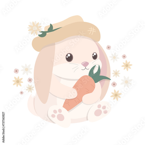 Cute Cartoon A Rabbit in a Hat holds a Carrot while sitting in the Flowers
