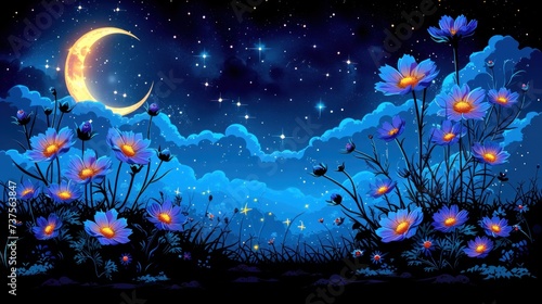 a painting of a night sky with a full moon and flowers in the foreground and stars in the background.