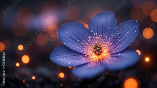 a close up of a blue flower on a blurry background with boke of lights in the foreground.