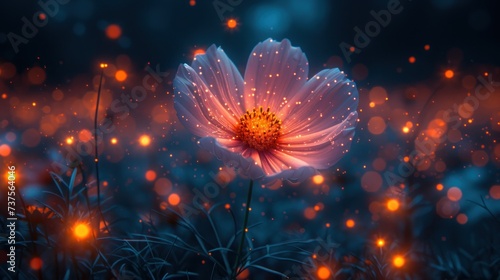 a pink flower sitting in the middle of a field of grass with a blurry background of orange and blue lights. © Shanti